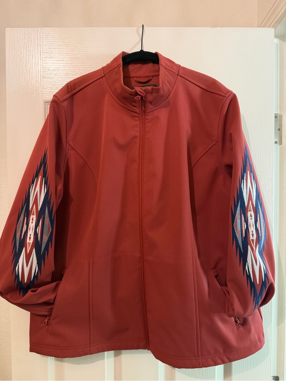 Shyanne Brick Red Zip Jacket with Aztec Sleeve Pattern